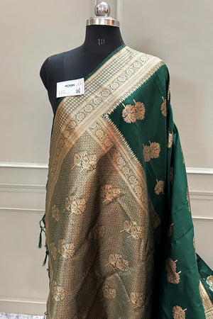 Bottle Green Golden Zari Silky Banarasi Saree
