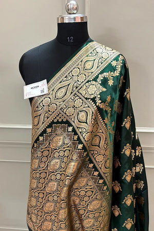 Bottle Green Ruby Buti Katan Silk Banarasi Saree