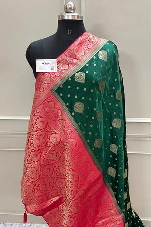 Bottle Green and Red Golden Zari Silky Banarasi Saree