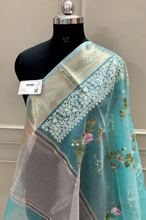 Firozi Embroidery Tissue Silk Banarasi Saree