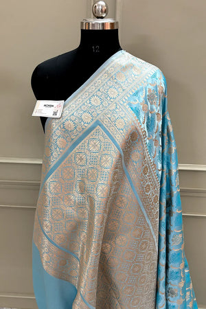 Firozi Golden Zari Katan Silk Banarasi Saree