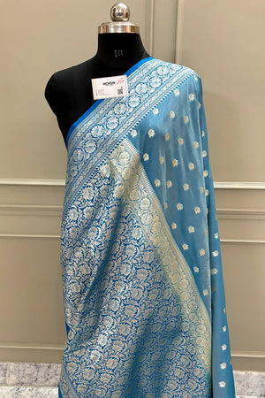 Firozi and Blue Ghonga Buti Katan Silk Banarasi Saree
