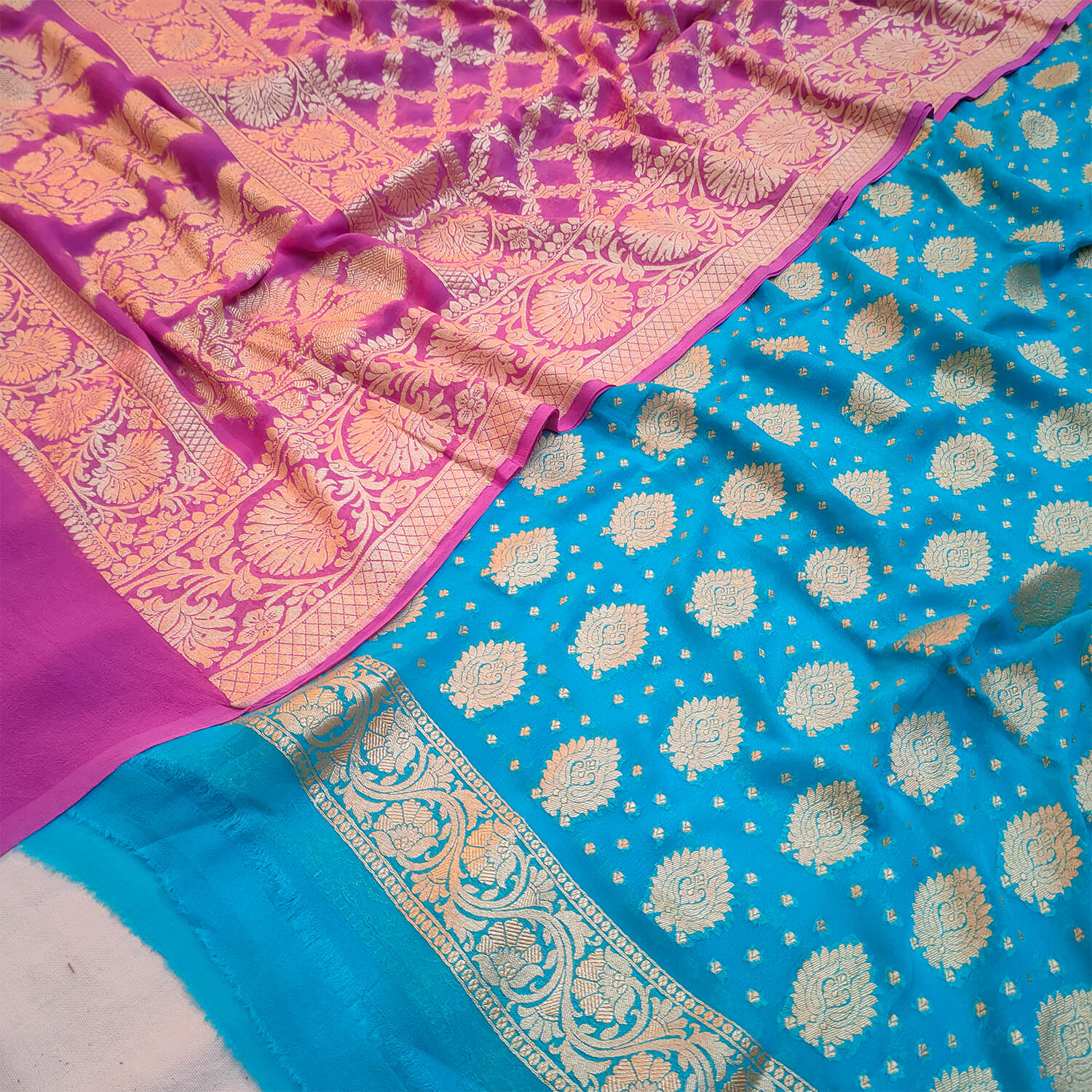 Firozi and Magenta Golden Zari Banarasi Georgette Silk Salwar Suit