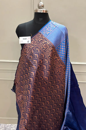 Firozi and Navy Blue Silky Banarasi Saree
