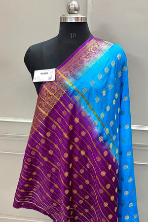 Firozi and Purple Golden Zari Silky Banarasi Saree