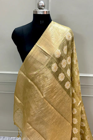 Gold Golden Zari Crush Tissue Silk Banarasi Saree