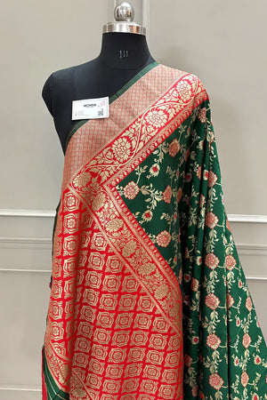 Green and Red Resham Zari Silky Banarasi Saree
