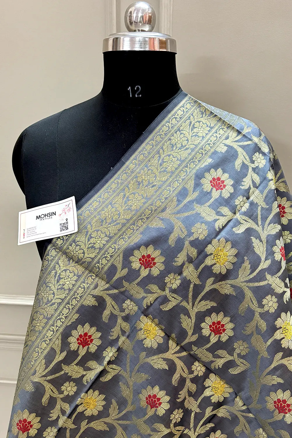 Grey Golden Zari Banarasi Silk Dupatta