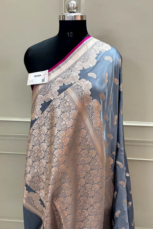 Grey Kanak Buti Katan Silk Banarasi Saree