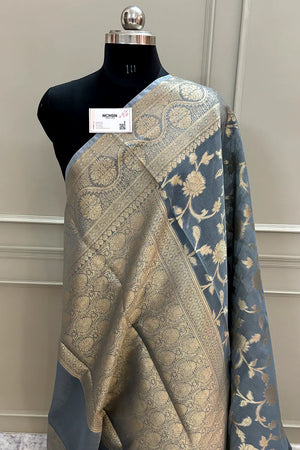 Grey Lotus Jaal Chanderi Silk Banarasi Saree
