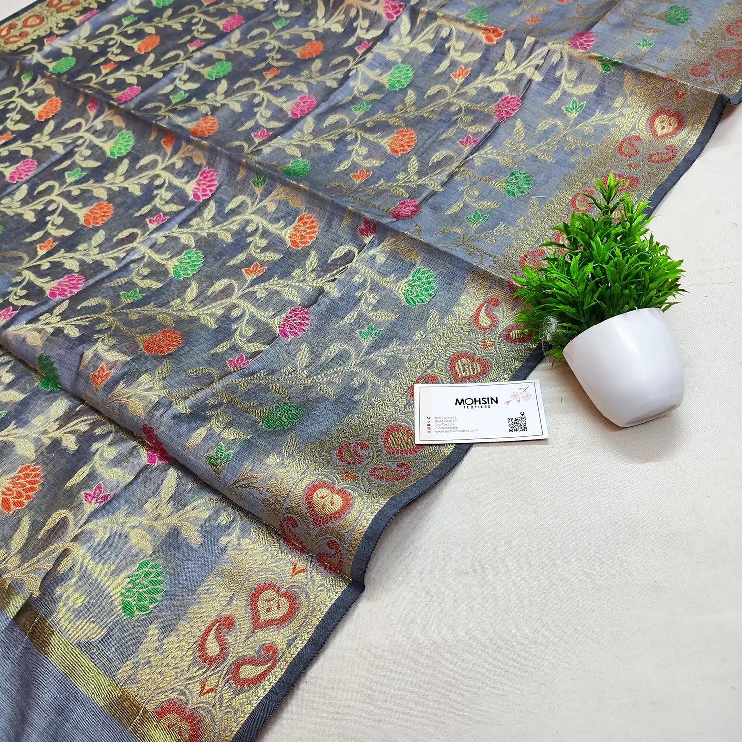 Grey Meenakari Banarasi Silk Dupatta