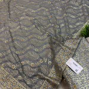 Grey Stone Work Kimkhab Silk Banarasi Gharara