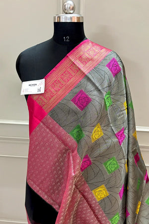 Grey and Pink Chanderi Silk Banarasi Saree