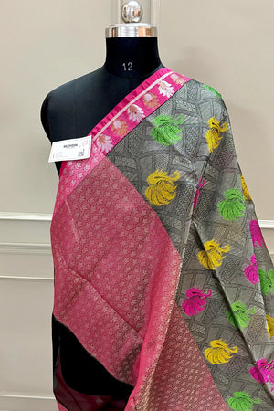 Grey and Pink Chanderi Silk Banarasi Saree