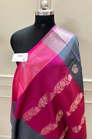 Grey and Pink Golden Zari Banarasi Silk Saree