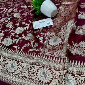Maroon Ganga Jamuna Crepe Silk Banarasi Saree