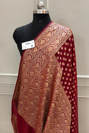 Maroon Golden Zari Chanderi Silk Banarasi Saree
