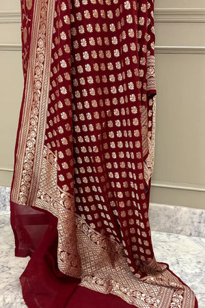 Maroon Golden Zari Pure Georgette Silk Banarasi Suit