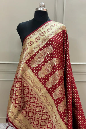 Maroon Golden Zari Satin Silk Banarasi Saree
