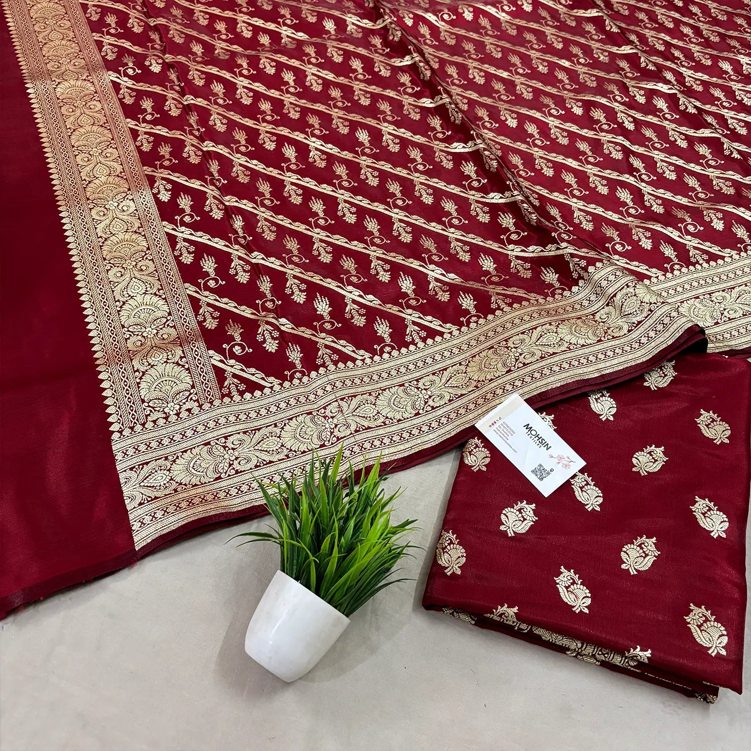 Maroon Madiyan Buti Satin Silk Banarasi Suit