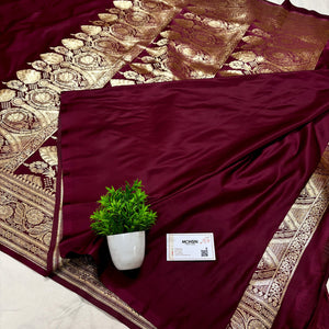 Maroon Plain Golden Zari Katan Silk Banarasi Saree