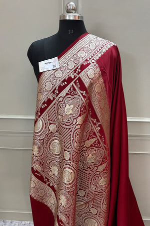 Maroon Plain Golden Zari Katan Silk Banarasi Saree