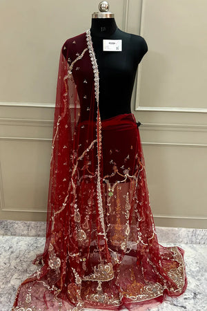 Maroon Zariwork Semi Stitched Net Lahenga