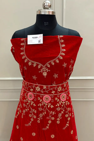 Maroon and Beige Zariwork Semi Stitched Velvet Lahenga