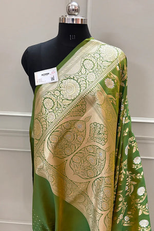 Mehendi Golden Zari Katan Silk Banarasi Saree