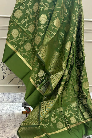 Mehendi Golden Zari Satin Silk Banarasi Dupatta