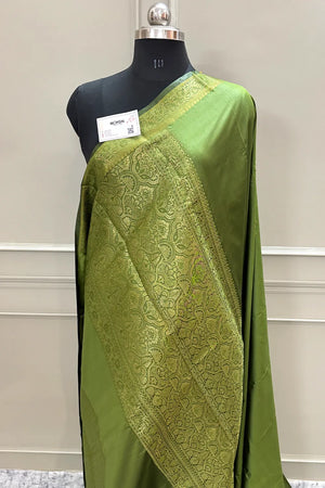 Mehendi Plain Golden Zari Silky Banarasi Saree