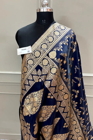 Navy Blue Floranza Katan Silk Banarasi Saree