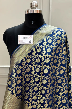 Navy Blue Golden Zari Satin Silk Banarasi Dupatta