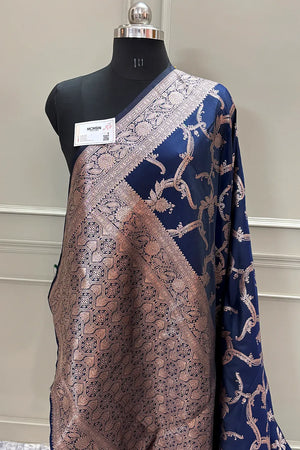Navy Blue Golden Zari Satin Silk Banarasi Saree