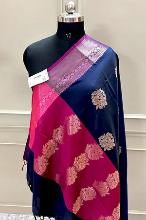 Navy Blue and Pink Golden Zari Banarasi Silk Saree