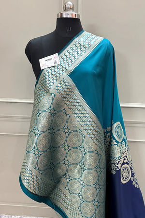 Navy Blue and Teal Golden Zari Satin Silk Banarasi Saree