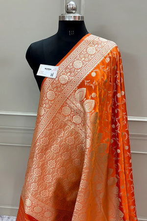 Orange Eragon Jaal Katan Silk Banarasi Saree