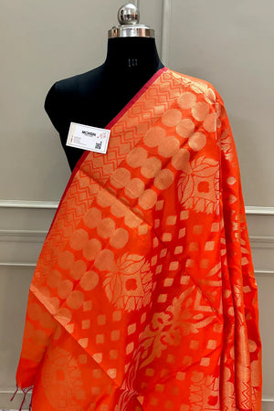 Orange Golden Zari Banarasi Silk Dupatta