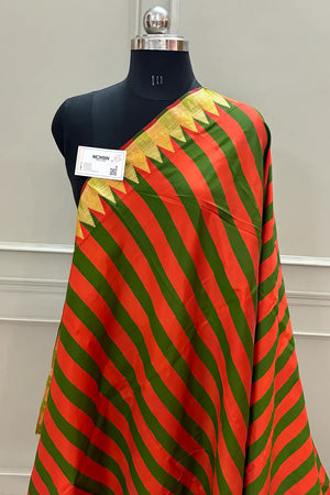 Orange and Mehendi Stripe Plain Satin Silk Banarasi Saree