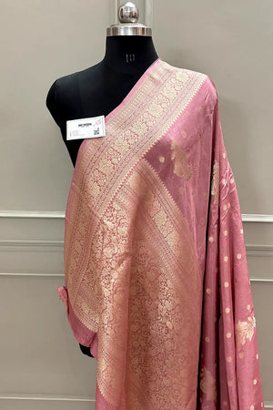 Peach Golden Zari Georgette Silk Banarasi Saree
