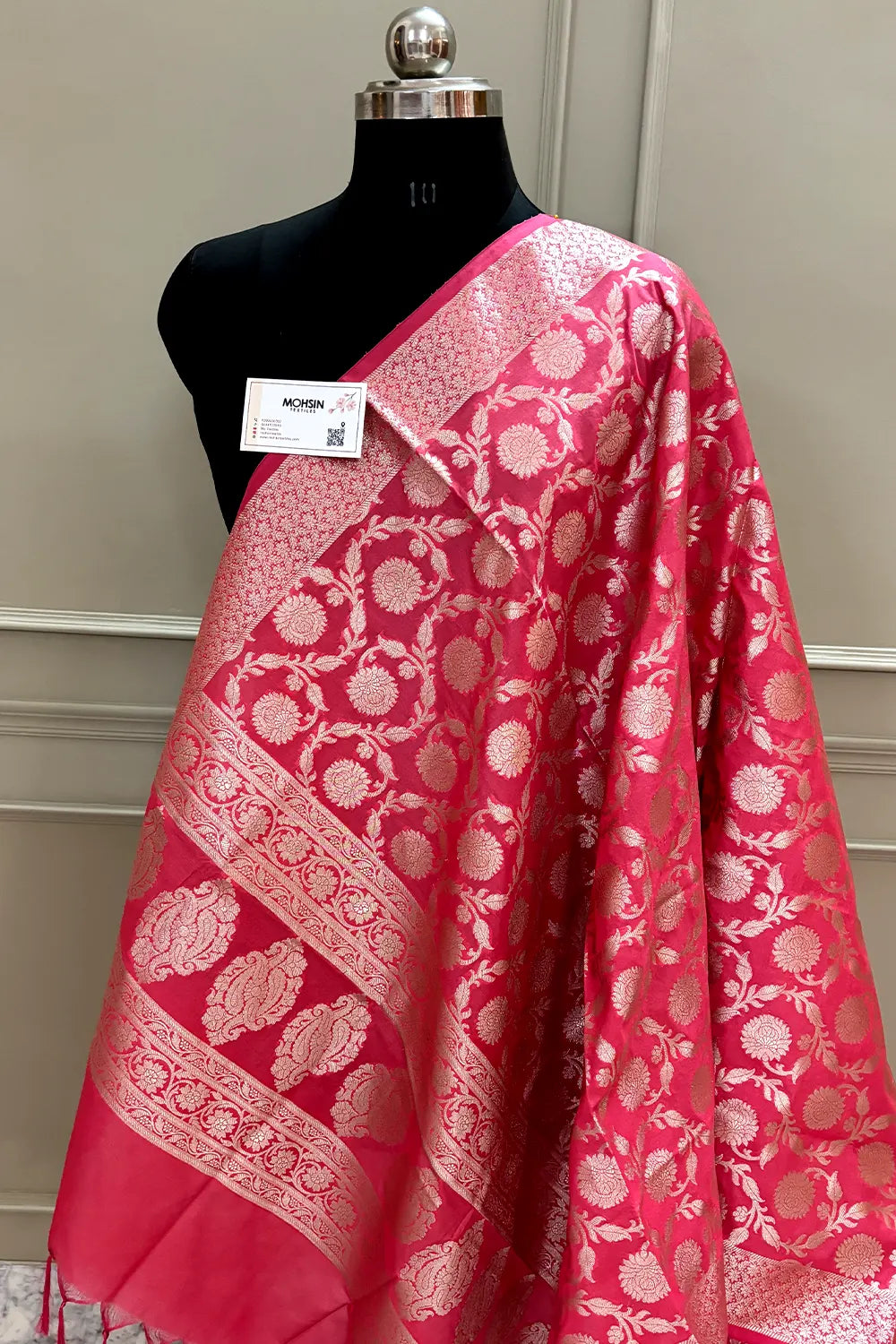 Peach Golden Zari Katan Silk Banarasi Dupatta