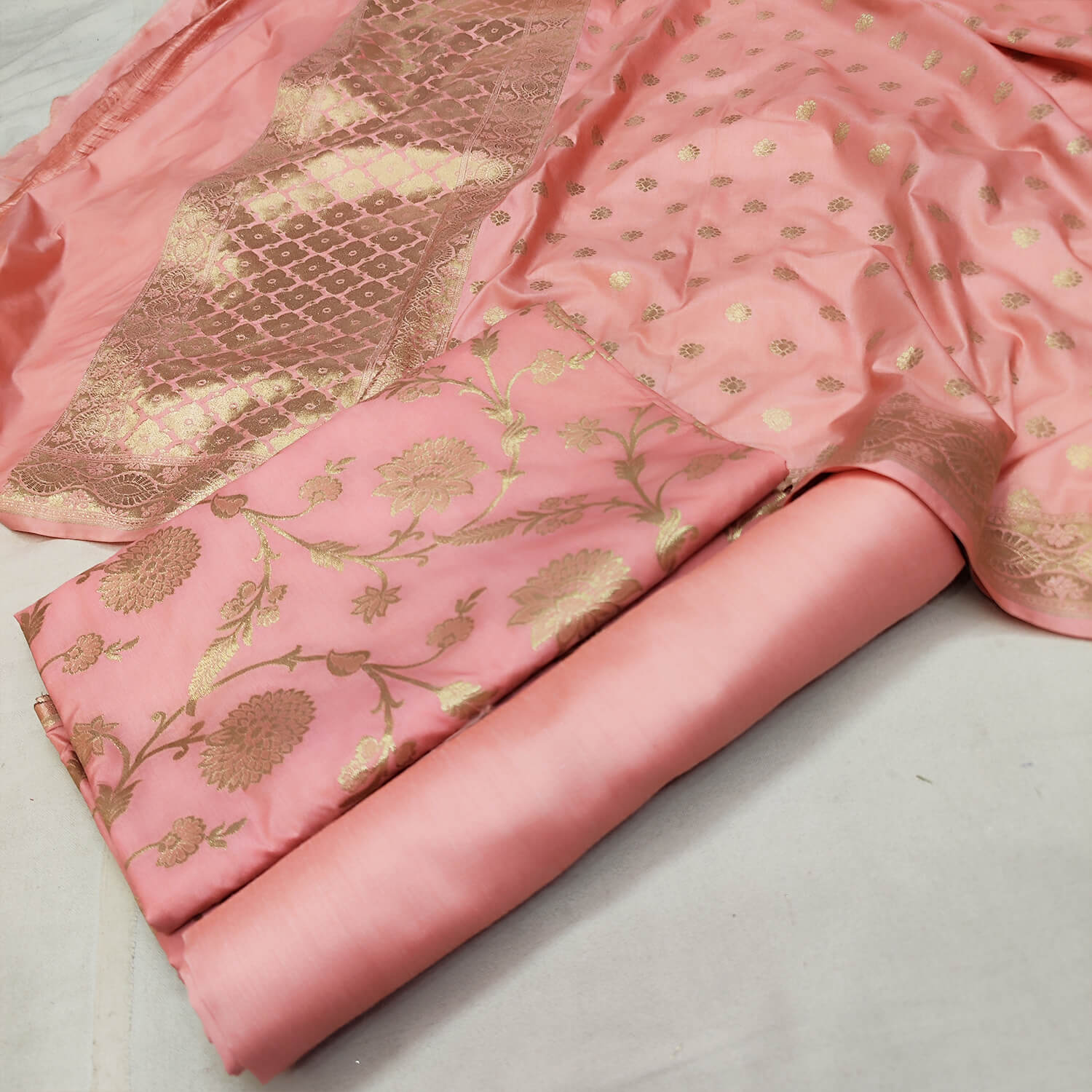Peach Golden Zari Katan Silk Banarasi Suit