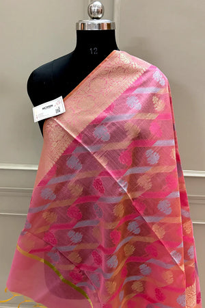Peach Golden Zari Banarasi Silk Dupatta