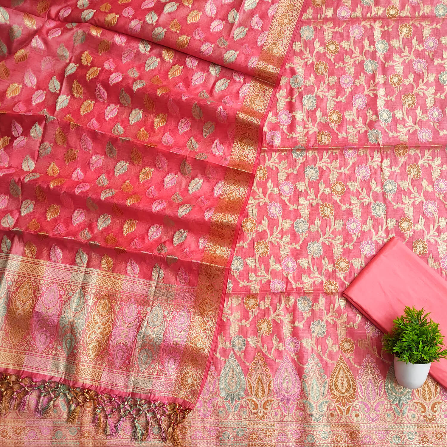Peach Tilfi Meenakari Satin Silk Banarasi Suit