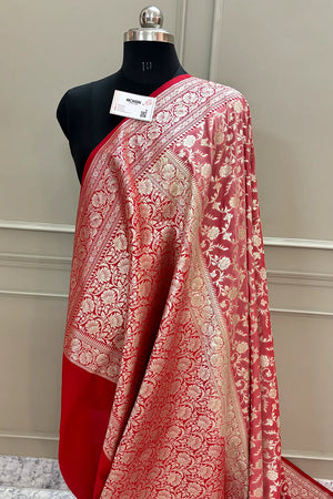 Peach and Red Gulabi Jaal Katan Silk Banarasi Saree