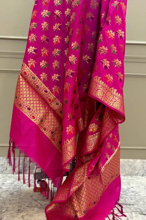Pink Golden Zari Banarasi Silk Dupatta