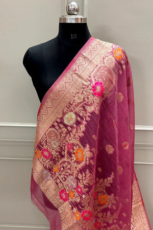 Pink Golden Zari Dupion Silk Banarasi Saree