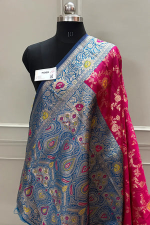 Pink and Blue Golden Zari Silky Banarasi Saree