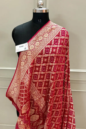Pinkish Red Bandhej Georgette Silk Banarasi Saree