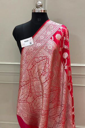 Pinkish Red Laabela Jaal Katan Silk Banarasi Saree